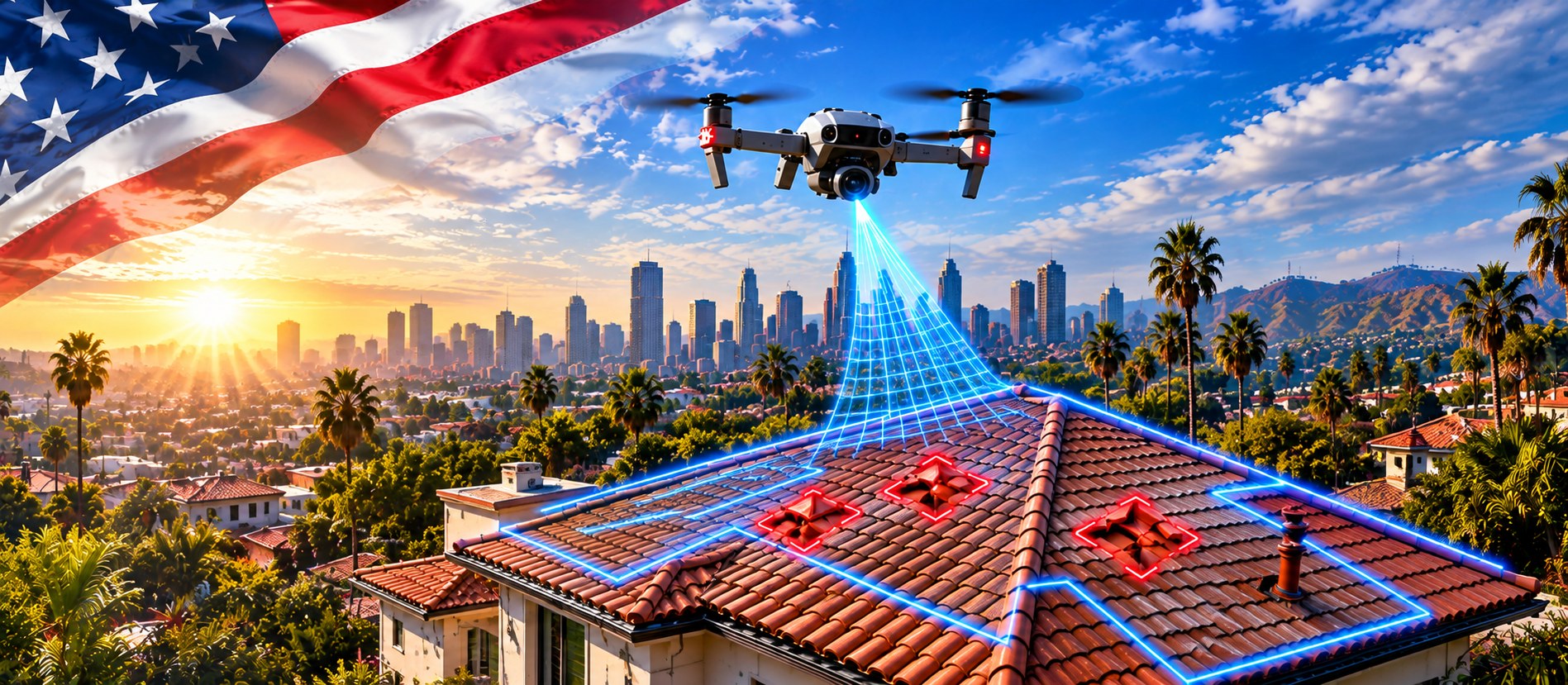 Drone performing a high-resolution roof inspection over a Southern California tile roof &mdash; Los Angeles Roofing