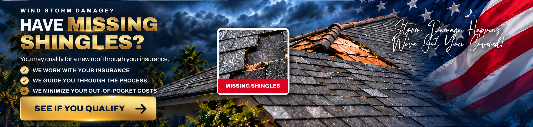 Storm-damaged shingle roof with missing shingles &mdash; your insurance may cover the replacement &mdash; Los Angeles Roofing