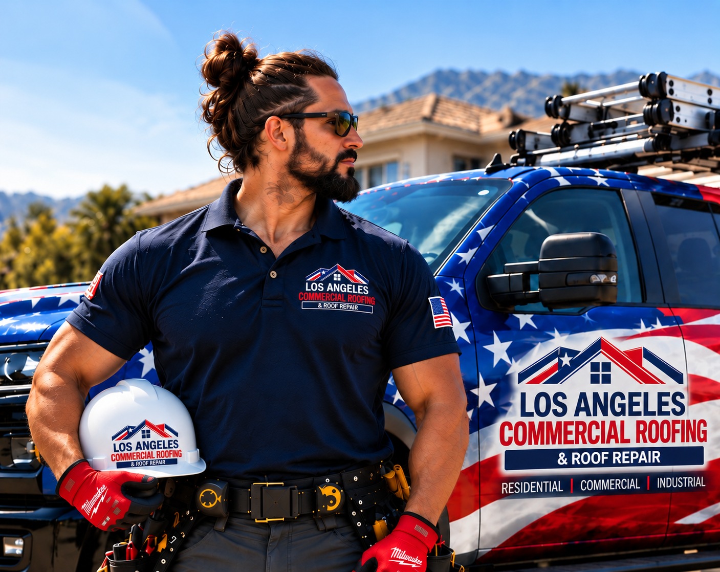 Los Angeles Commercial Roofing & Roof Repair crew member with a branded truck, polo and hard hat &mdash; the wrap reads Los Angeles Commercial Roofing & Roof Repair, Residential, Commercial, Industrial