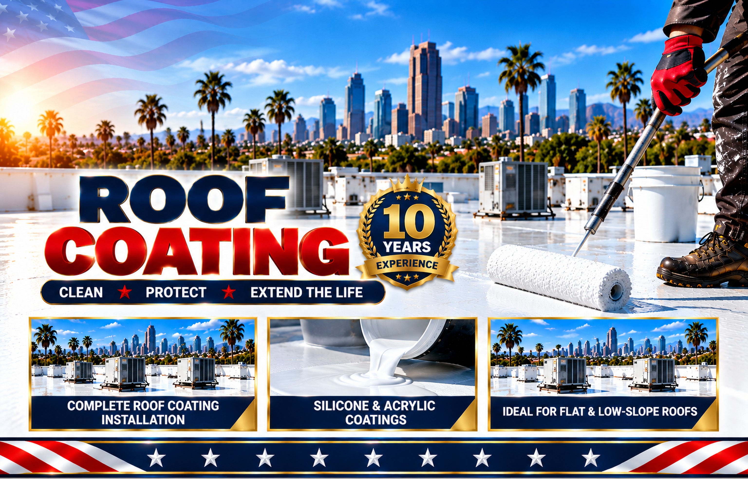 Roofer spraying silicone coating over a flat commercial roof in Gardena