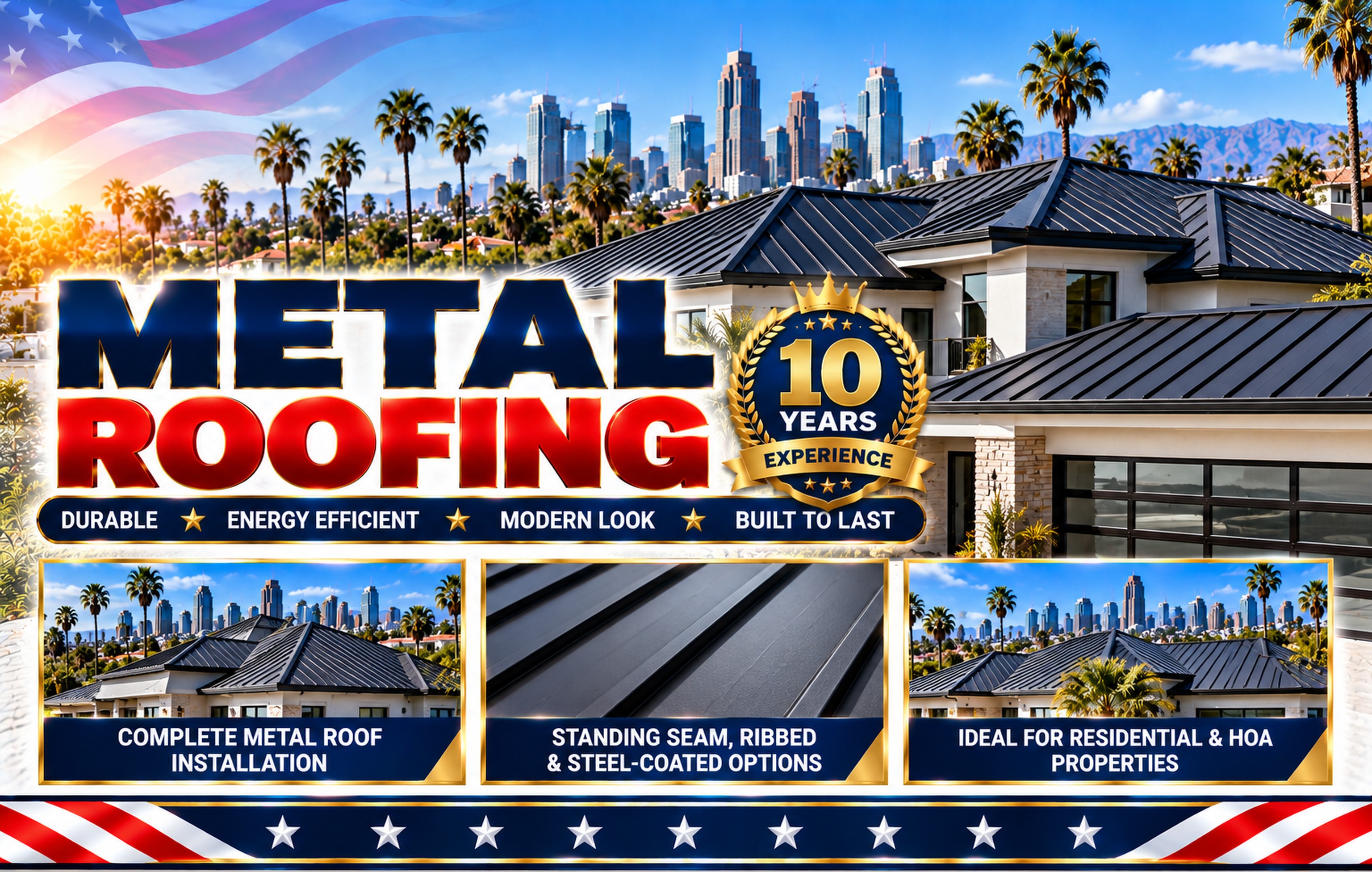 Standing seam metal roof on a Los Angeles home with the Los Angeles skyline behind &mdash; Metal Roofing Los Angeles