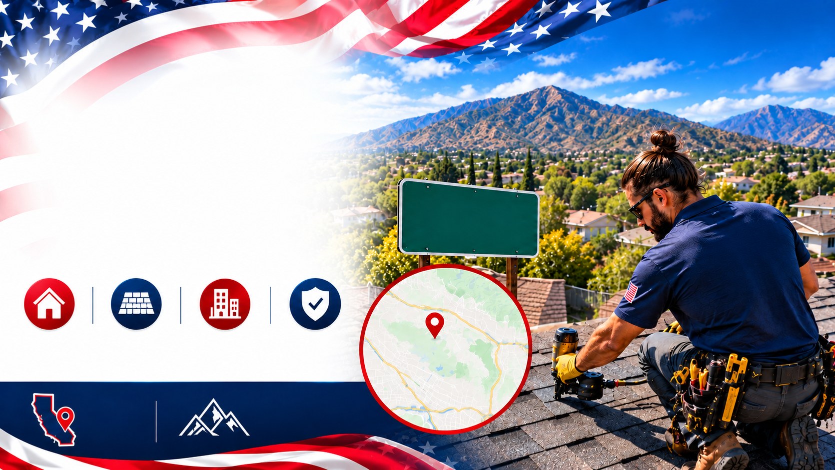 Los Angeles Commercial Roofing roofer installing shingles on a Los Angeles, CA home with the San Gabriel Mountains behind &mdash; Los Angeles Roofing