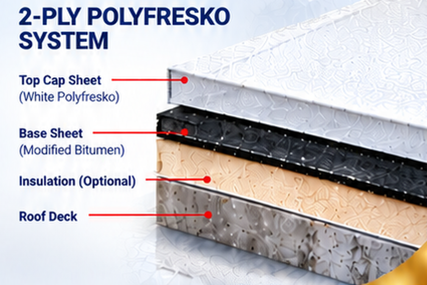 White Polyfresko system: white Polyfresko top cap sheet, modified bitumen base sheet, optional insulation and roof deck &mdash; Poway Roofing