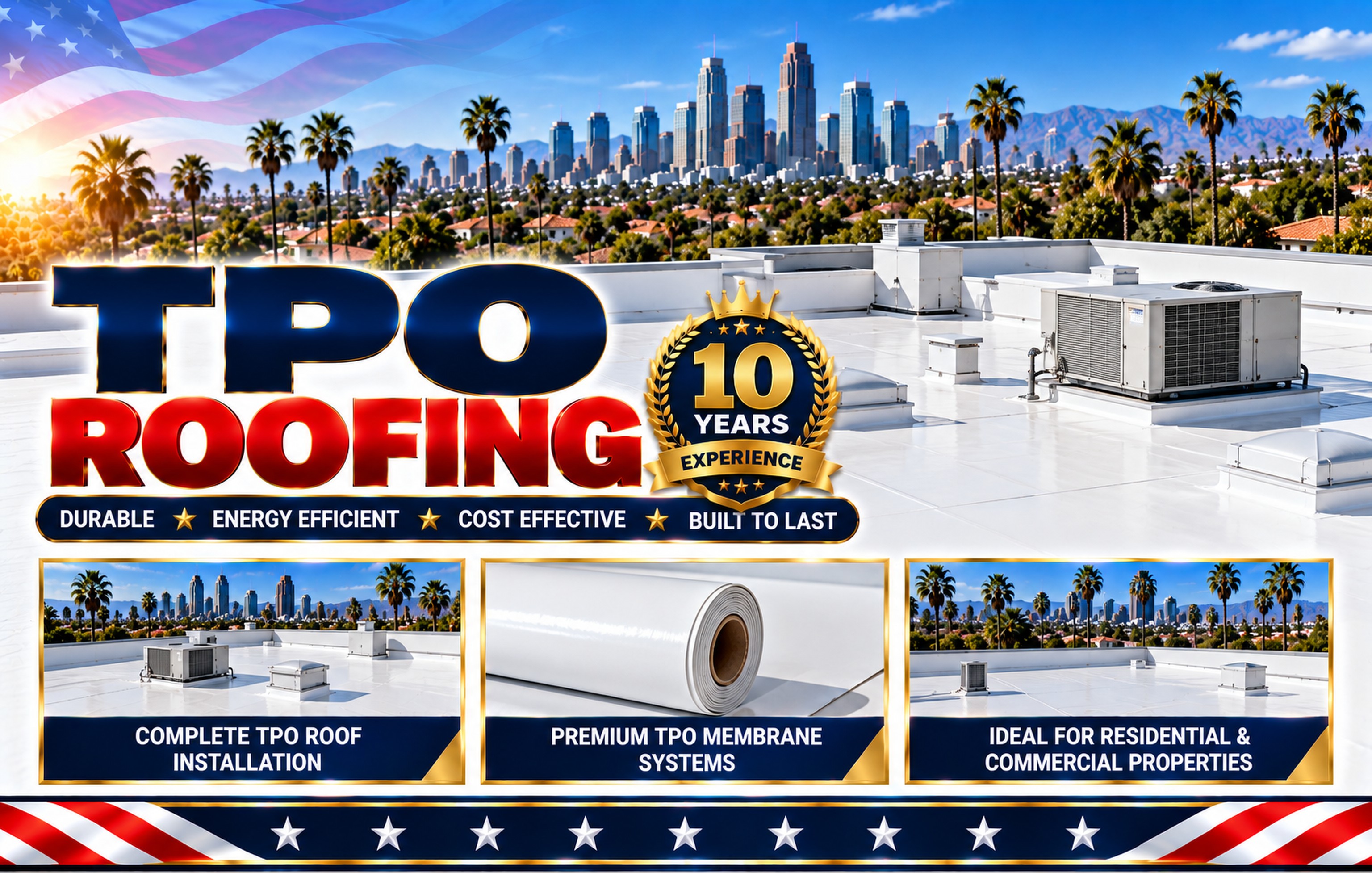 TPO membrane roof with rooftop HVAC units and the Los Angeles skyline &mdash; TPO Roofing Los Angeles