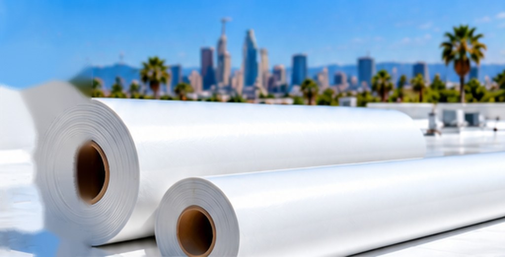Rolls of white TPO membrane on a flat roof &mdash; TPO Roofing Los Angeles